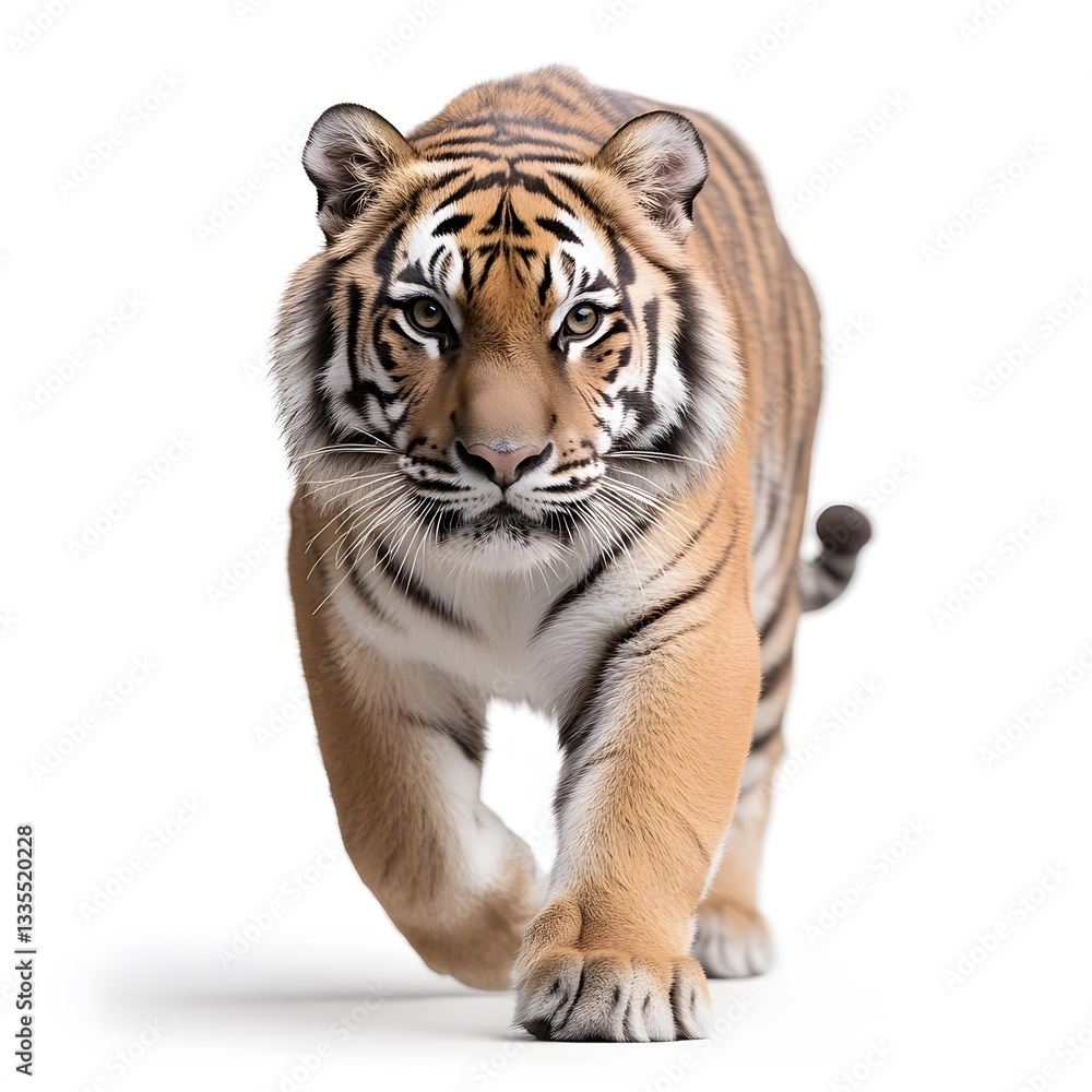 Naklejka premium Studio Tiger Walking Forward White Background Wildlife Print