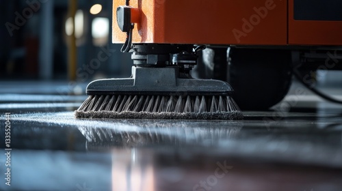 Close up of a floor cleaning machine in action on concrete surface with industrial background photo