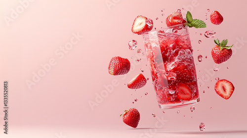 Refreshing strawberry drink with ice and mint creates a vibrant splash against a pink background