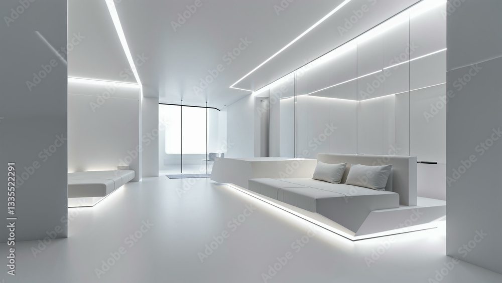 Fototapeta premium A high-end minimalist interior with a futuristic aesthetic, featuring smooth white surfaces, built-in LED lighting, and minimal furniture with sharp geometric lines. The sleek and uncluttered design.