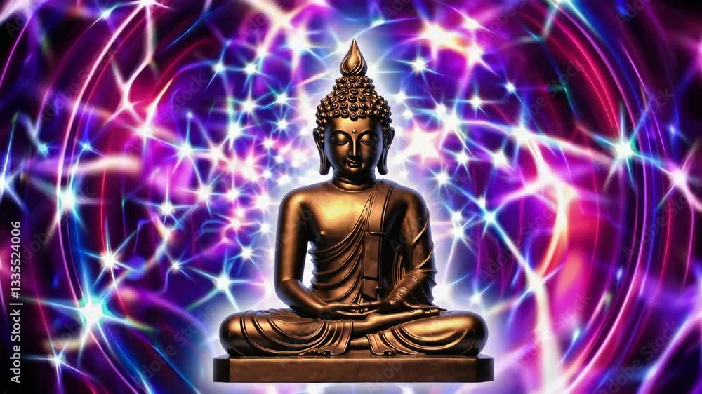 Serene bronze Buddha statue surrounded by colorful swirling light patterns Serene bronze Buddha statue surrounded by colorful swirling light patterns