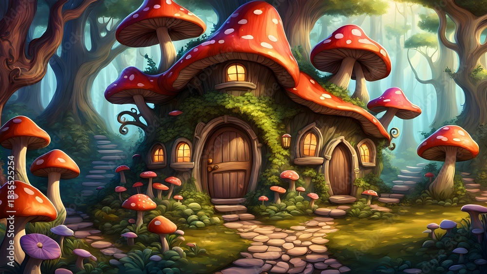Fototapeta premium A whimsical illustration depicts a charming house nestled within giant mushrooms, surrounded lush greenery a stone path a fairytale forest.
