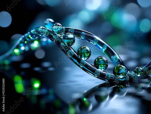 Glowing DNA helix reflects, dark background photo