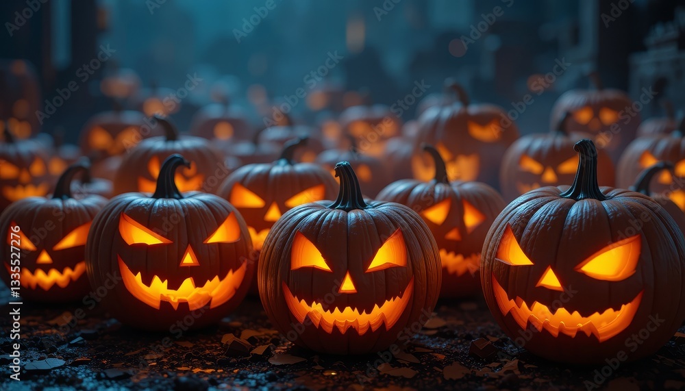 Fototapeta premium Illuminated Jack-o'-lanterns Glowing in the Night for a Halloween Celebration