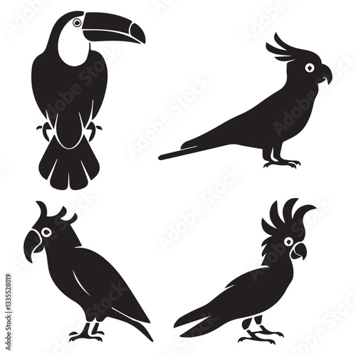 Tropical Parrot Set Black Silhouette Parrots with Feathers and Wings