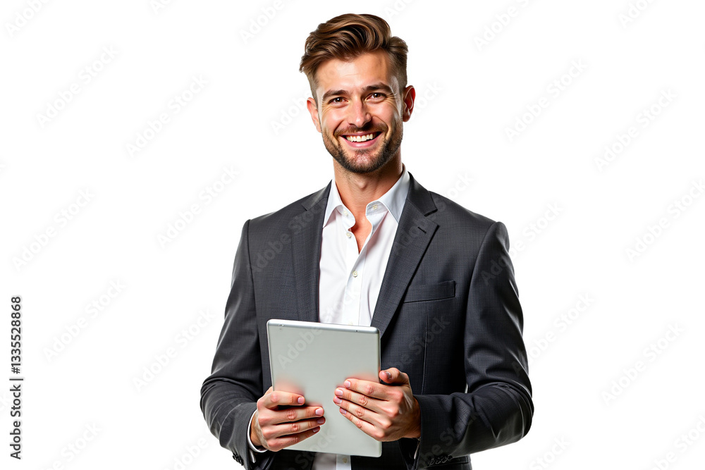 Cheerful businessman portrait with tablet. Professional & friendly for corporate website, marketing, tech, presentation. Isolated on transparent background. Cheerful businessman portrait with tablet. Professional & friendly for corporate website, marketing, tech, presentation. Isolated on transparent background.