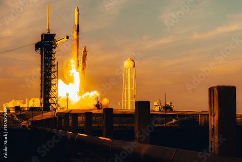 Fototapeta Naklejka Na Ścianę i Meble -  Rocket launch at sunset with fiery glow from launchpad, silhouetted against orange sky. SpaceX Falcon rocket blasting off. Technology and space concept. Elements of this image furnished by NASA