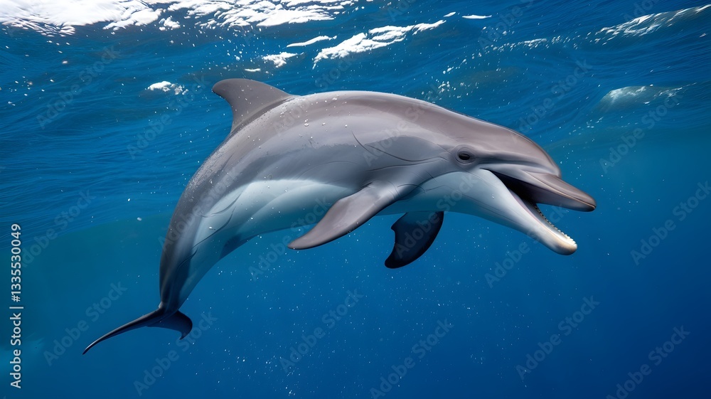 Naklejka premium Playful Dolphin Swimming Underwater in Blue Ocean Waters
