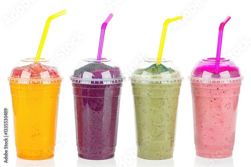 High Quality Picture of Different Smoothies with Straws in Plastic Cups on White Background