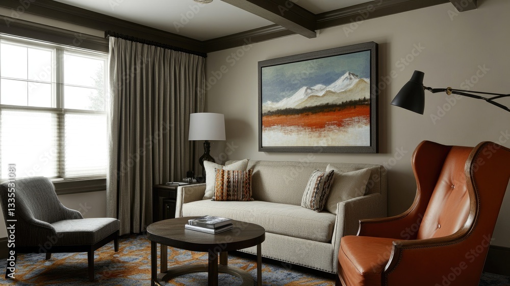 Fototapeta premium Executive hotel suite with a cozy living space, contemporary art, and a private work area.