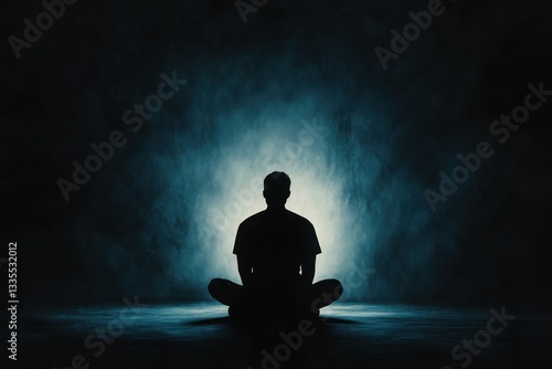 A dark silhouette meditates peacefully in front of a bright background