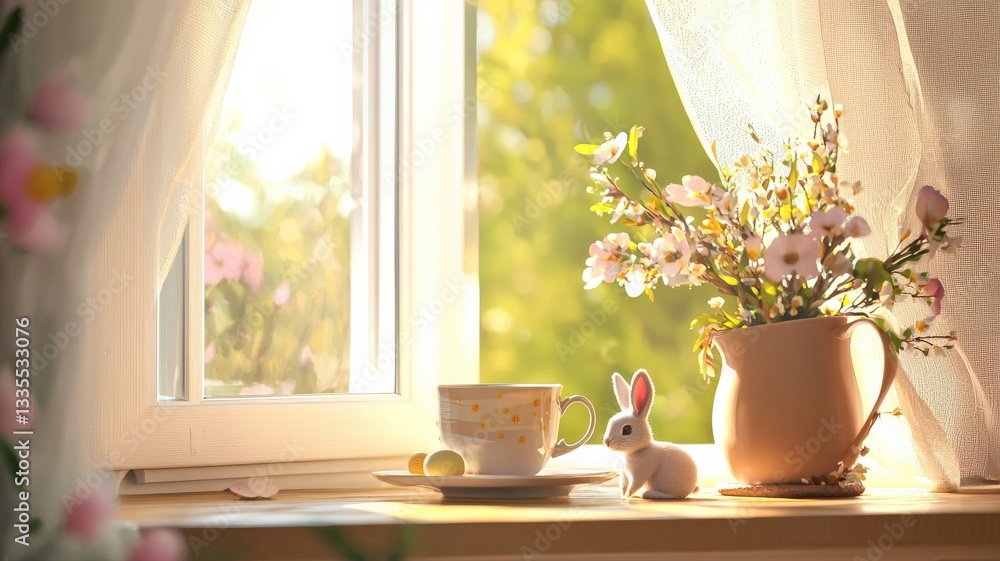 Fototapeta premium A cozy 3D-rendered Easter morning scene with a warm cup of tea, a small bunny, and an open window, where golden spring sunlight gently streams in, creating a peaceful atmosphere