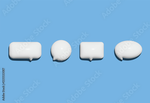 3D glossy empty white speech bubbles various shapes vector set. Render circle, roundish square and rectangle message text bubble volume form. Dialogue cloud 3d talking window, chatting box