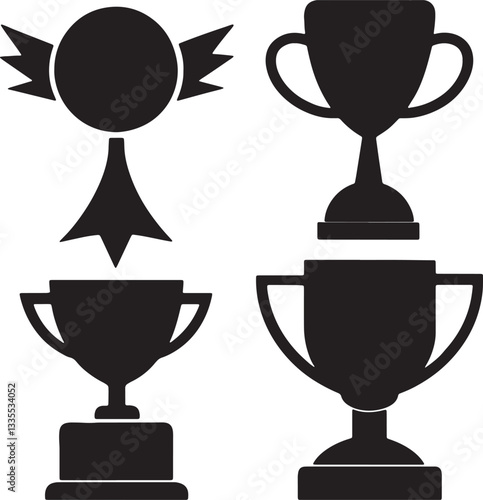  Black trophy icon set silhouette vector on white background