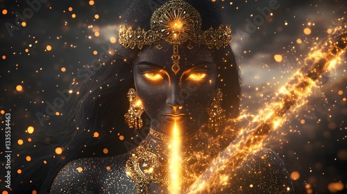 A breathtaking 3D rendering of Goddess Kali standing on a battlefield, her eyes burning with power as she holds a sword dripping with cosmic energy.