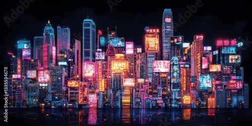 A colorful nighttime cityscape featuring vibrant neon signs and buildings