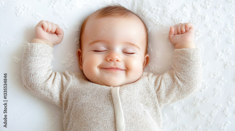 little child in simple light clothes sleeping on bed lying on back and smiling in sleep