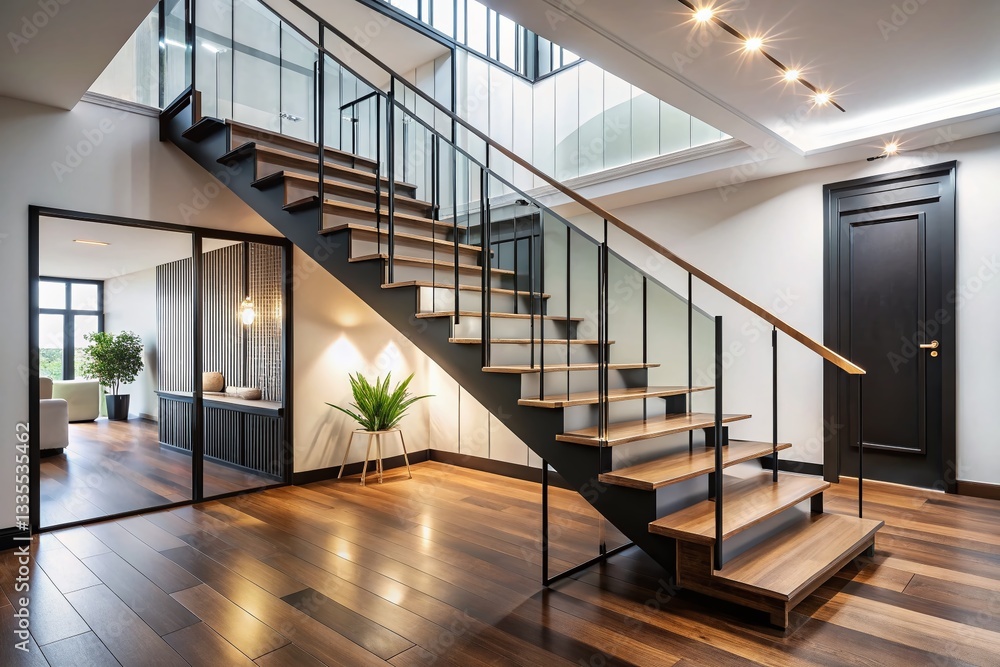 Obraz premium Vintage Style Photo: Modern Minimalist Black Staircase with Glass Railing