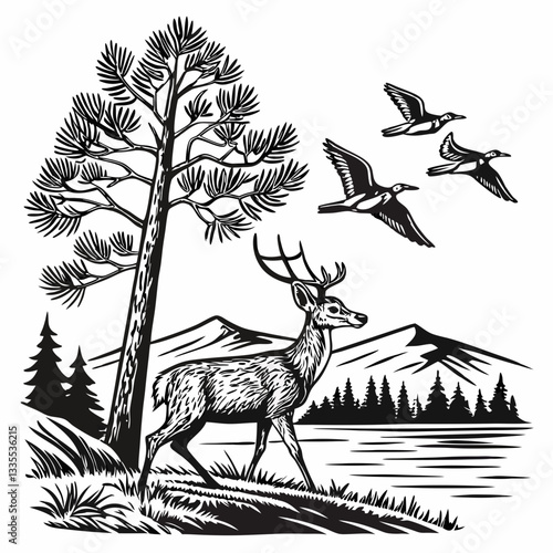 Vector hand-drawn a Whitetail deer under tree, mountain, lake