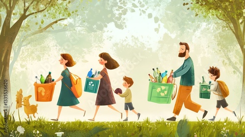 Family recycling day eco-friendly action in a lush park illustration nature community spirit