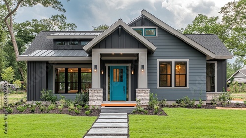 Gray Modern Cottage with Hardy Board Siding and Teal Door.