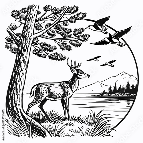 Vector hand-drawn a Whitetail deer under tree, mountain, lake