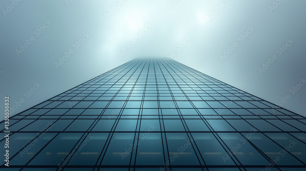 Modern skyscraper disappearing into foggy sky, symbolizing ambition, business growth, success, and corporate future in an urban city landscape. Modern skyscraper disappearing into foggy sky, symbolizing ambition, business growth, success, and corporate future in an urban city landscape.