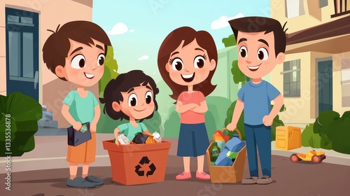 Community kids engaging in recycling activity neighborhood park illustration cheerful environment playful viewpoint sustainability concept