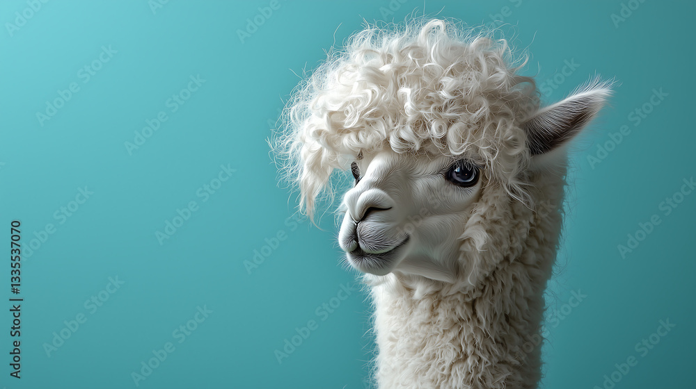 Obraz premium Fluffy white alpaca with a soft and curly coat standing against a vibrant blue background charming farm animal with a gentle expression and woolly fur in a stylish and elegant studio portrait