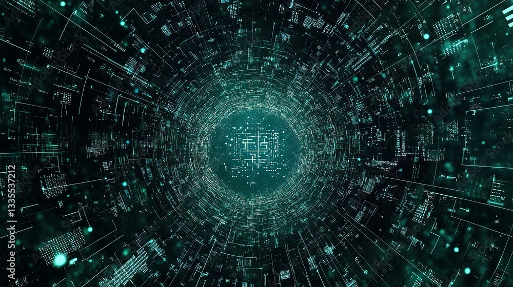 Fototapeta premium Abstract Digital Tunnel Green Teal Data Stream Futuristic Technology Background Modern Circuit Board Design Graphic Illustration Network Binary Code