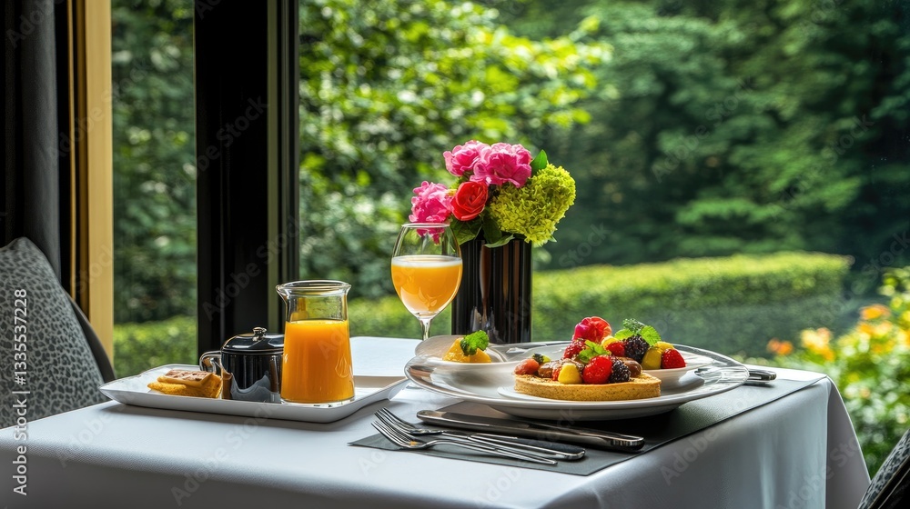 Hotel room service breakfast tray with gourmet dishes, fresh juice, and a beautifully set table.