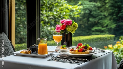Hotel room service breakfast tray with gourmet dishes, fresh juice, and a beautifully set table.
