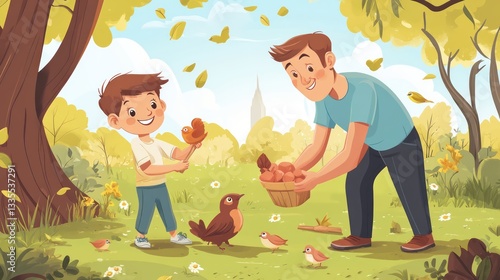 Joyful family gathering park illustration nature close-up bonding moments
