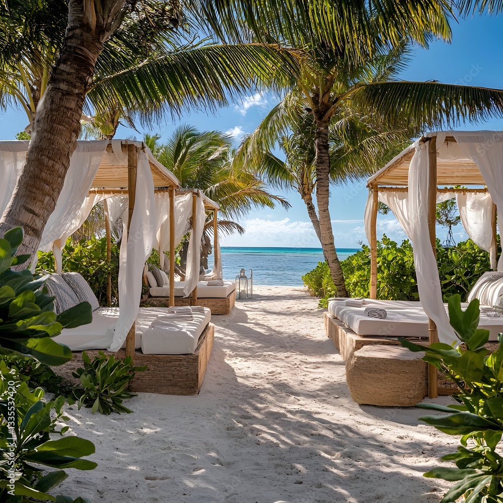 Fototapeta premium Serene Tropical Beach Scene with White Canopy Beds and Turquoise Ocean