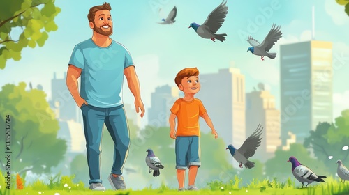 Father and son enjoying a day in the park cityscape illustration outdoor close-up family bonding