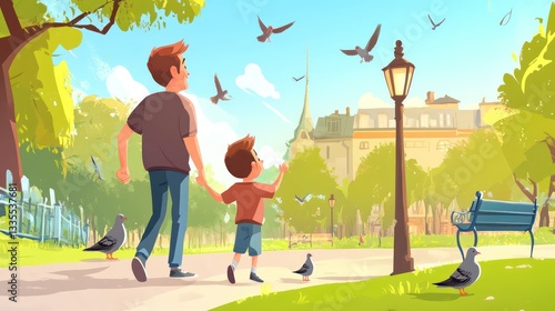 Father and son walking in a park city park illustration bright day side view family bonding concept