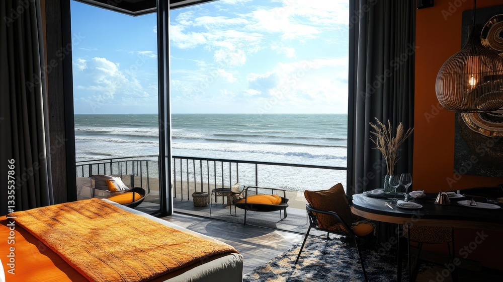 Fototapeta premium Luxurious hotel room with a panoramic ocean view, elegant decor, and a private balcony overlooking the waves.