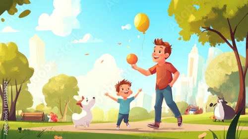 Joyful day in the park father and son enjoying balloons urban green space animated scene family bonding
