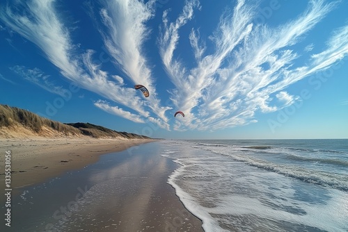 Kiteboarding on a beach with dramatic clouds reflecting on the water