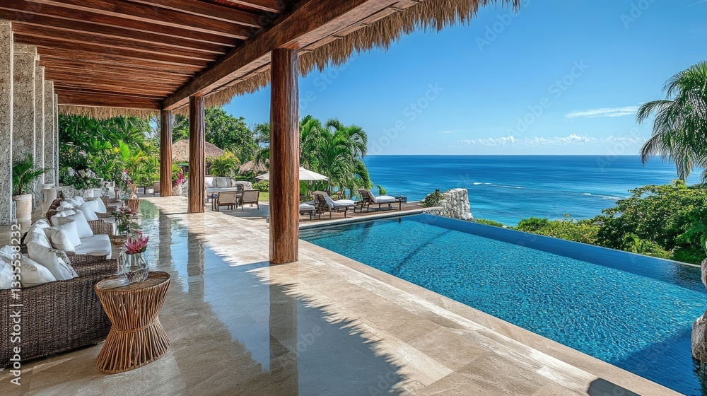 Fototapeta premium Luxury beach resort open-air lobby with wooden beams, stylish decor, and ocean breeze.