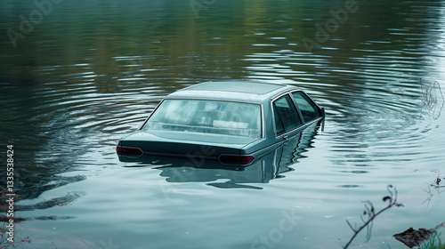 Abandoned car partially submerged in water, representing disaster, flooding, accident, and environmental impact in a melancholic scene.