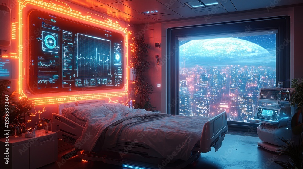 Obraz premium Futuristic hospital room with patient, city view, glowing tech