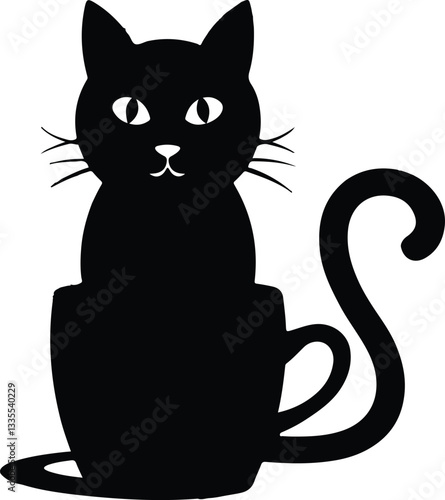 A minimalist black silhouette of a cat seamlessly
integrated with a coffee cup on white background