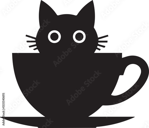A minimalist black silhouette of a cat seamlessly
integrated with a coffee cup on white background