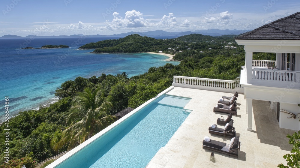 Fototapeta premium Private island villa with an open balcony, infinity pool, and a stunning view of the endless ocean.