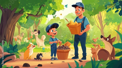 Community cleanup initiative forest park animated scene nature upbeat perspective environmental awareness