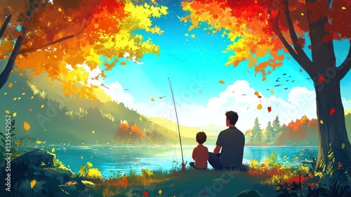 Father and son fishing together serene lake animated scene autumn landscape side view bonding and nature