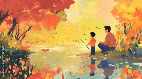 Father and son fishing adventure serene lake in autumn digital art nature warm colors family bonding