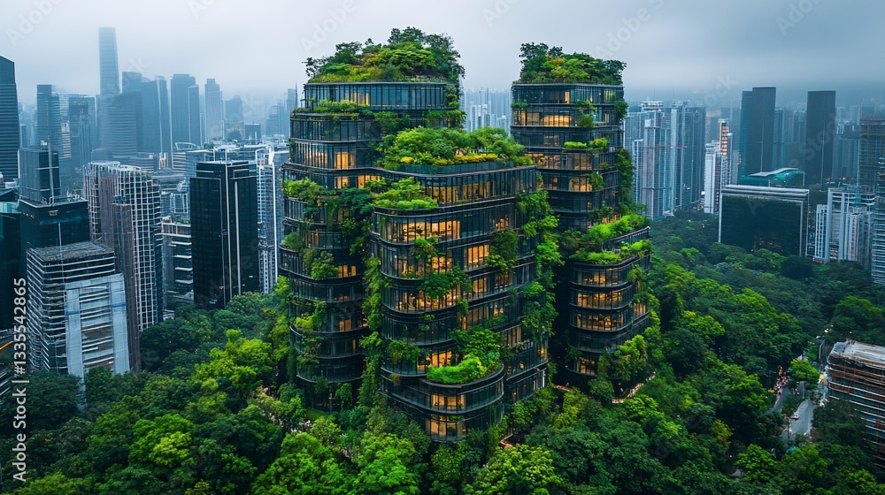 Obraz premium Lush green architecture rises amidst cityscape, glowing warm lights from within