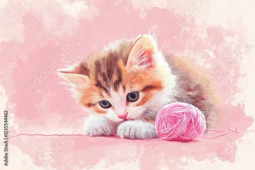 Adorable fluffy kitten playing with a ball of pink yarn on display